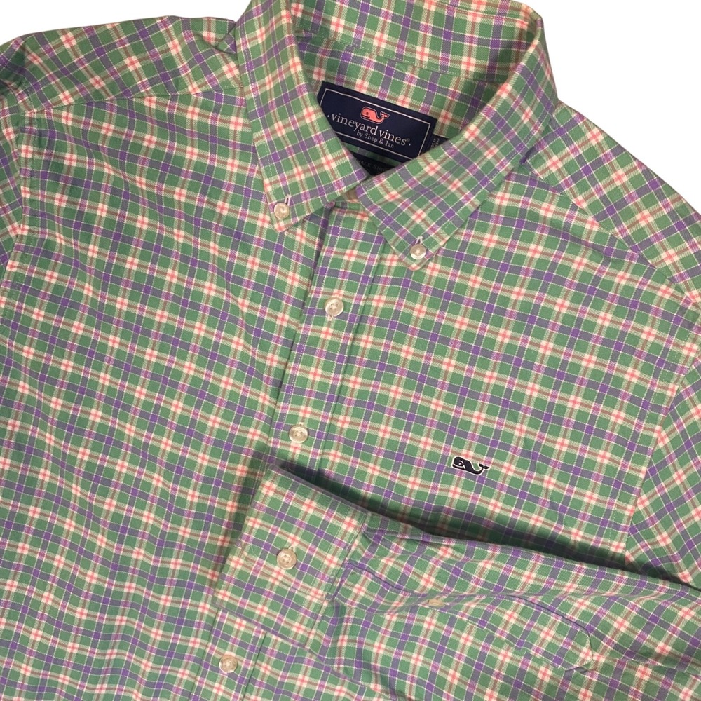 Vineyard Vines Mens Medium Slim Fit Flannel Whale Shirt Plaid Green‎ Purple